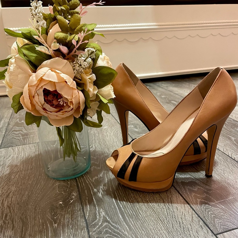 Tan Velvet Angels peep toe heels